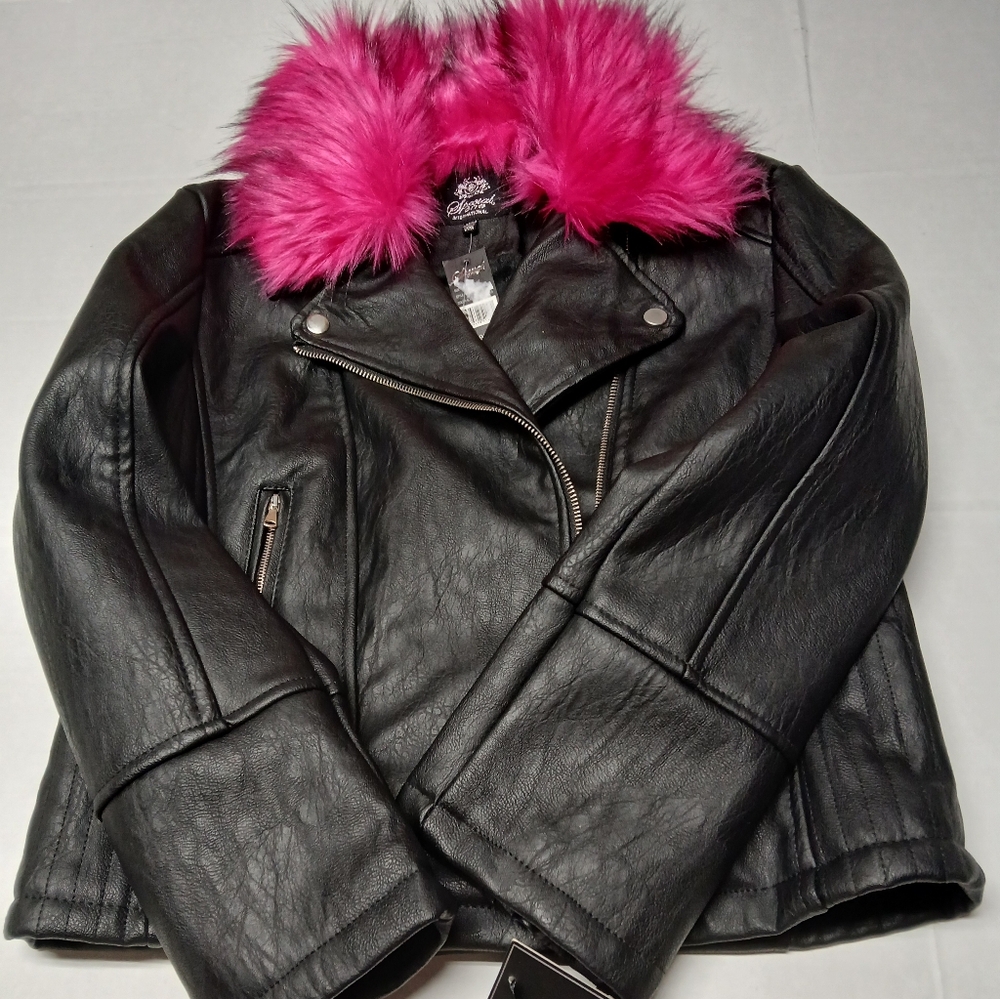 Special One International Black Motorcycle Jacket w/ Pink Faux Fur Collar Size M
